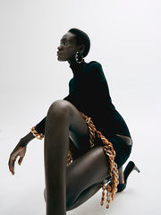 Noir Asymmetrical Hem Dress with Tortoise Chain Accents